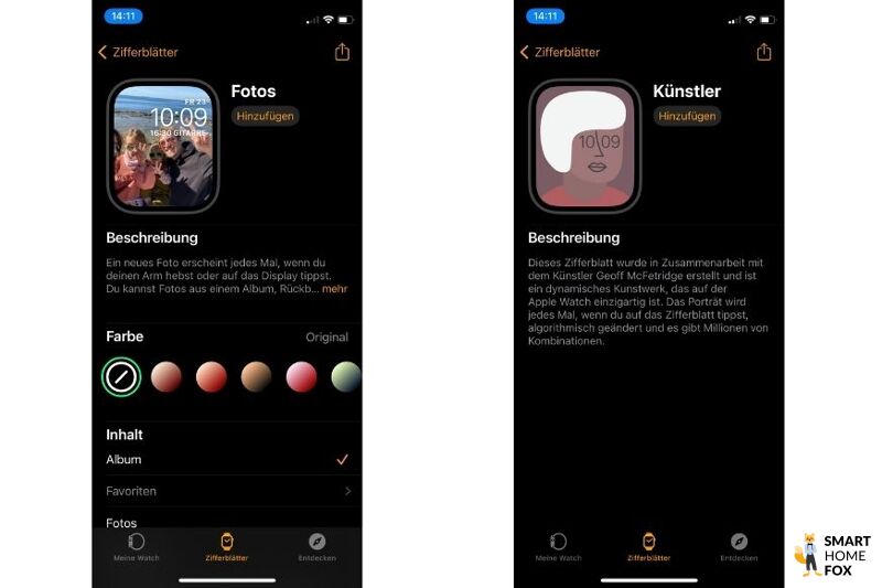 Man sieht, wie man in der Watch App verschiedene Watch Faces auswählen kann.